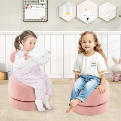 2er-Set Drehstühlen gepolsterte Kinderhocker mit Schleifenlehne Schaumstoffsitz & kratzfeste Fußpolster Kindersessel Rosa