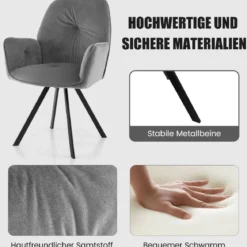 2er Set Drehstuhl aus Samt 360° drehbar Esszimmerstühle mit Metallbeinen Grau 63 x 59 x 87 cm