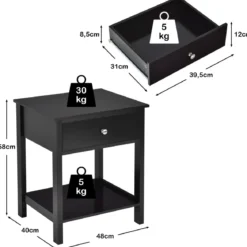 2er Set 2 Ebene Nachttisch mit Schublade Nachtkommode 48 x 40 x 58 cm Schwarz