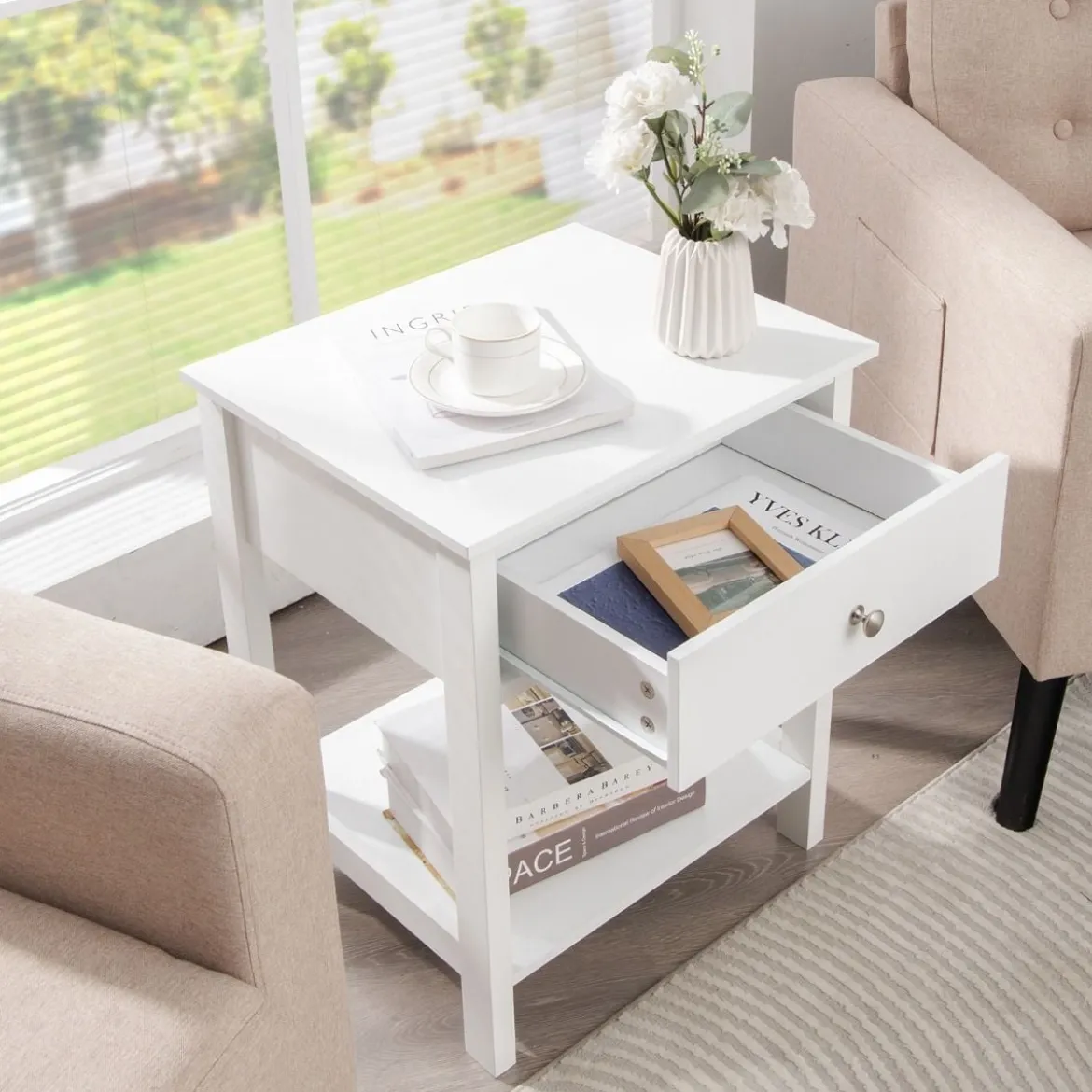 2er Set 2 Ebene Nachttisch mit Schublade Nachtkommode 48 x 40 x 58 cm Weiß