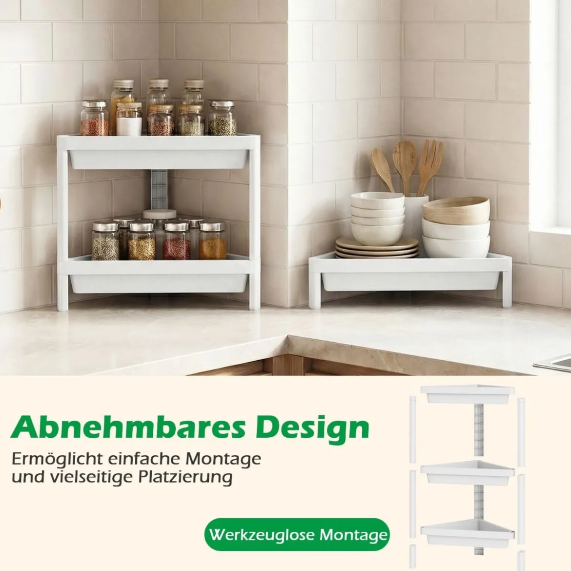 2er Set Eckregal mit Abnehmbarem Design & Ablauflöchern Freistehendes Badregal Weiß