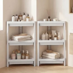 2er Set Eckregal mit Abnehmbarem Design & Ablauflöchern Freistehendes Badregal Weiß