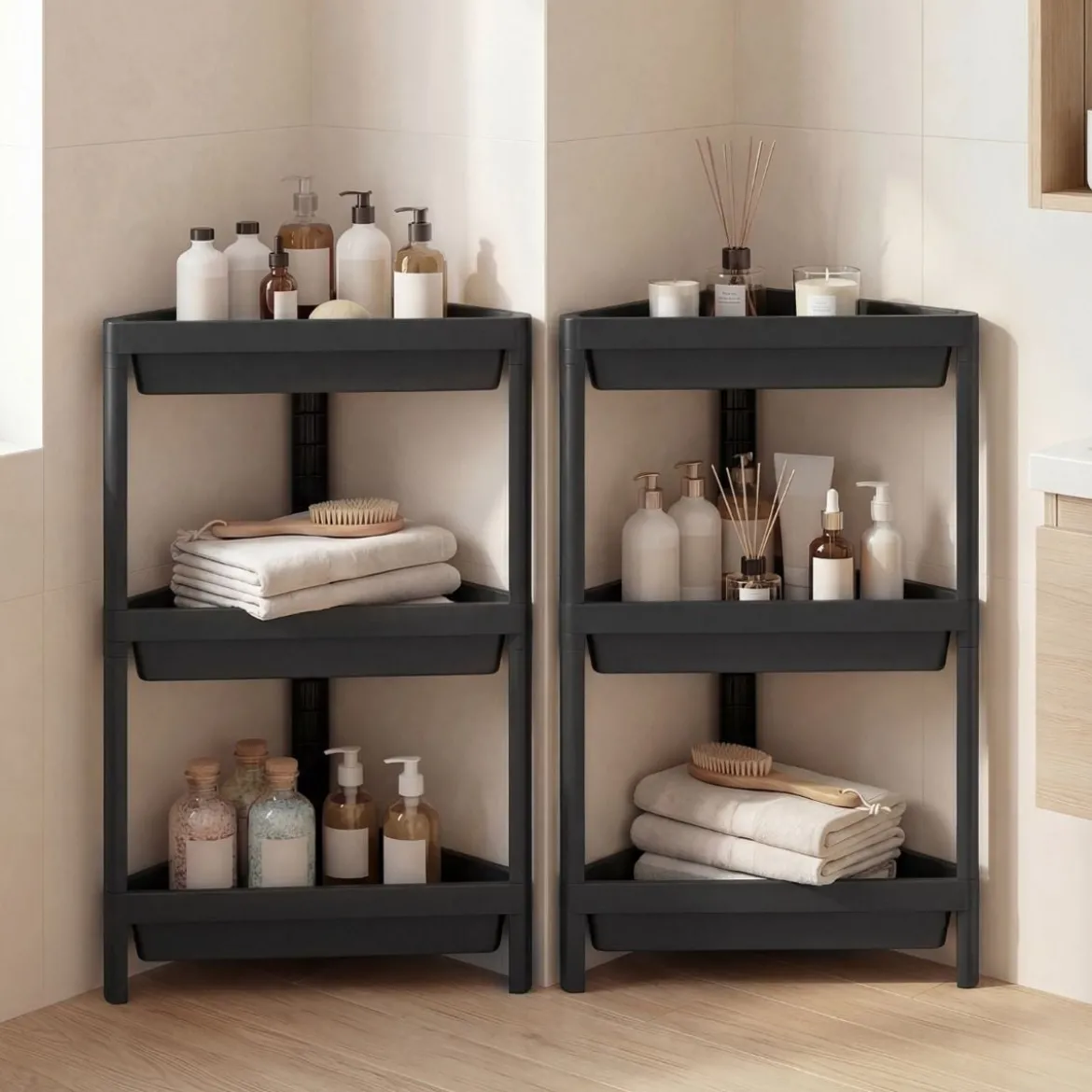 2er Set Eckregal mit Abnehmbarem Design & Ablauflöchern Freistehendes Badregal Schwarz