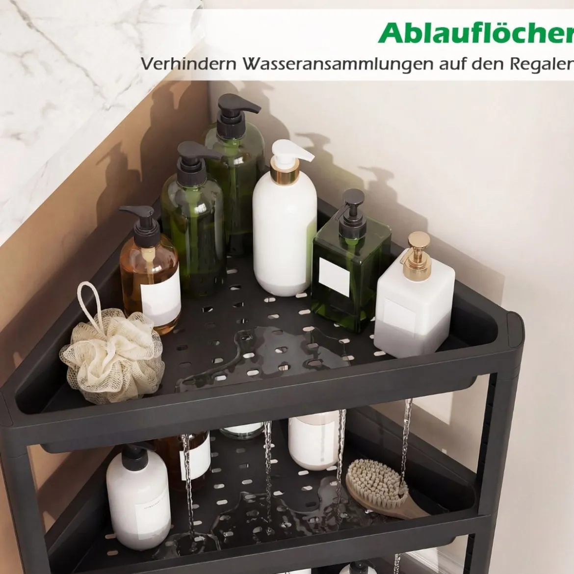 2er Set Eckregal mit Abnehmbarem Design & Ablauflöchern Freistehendes Badregal Schwarz