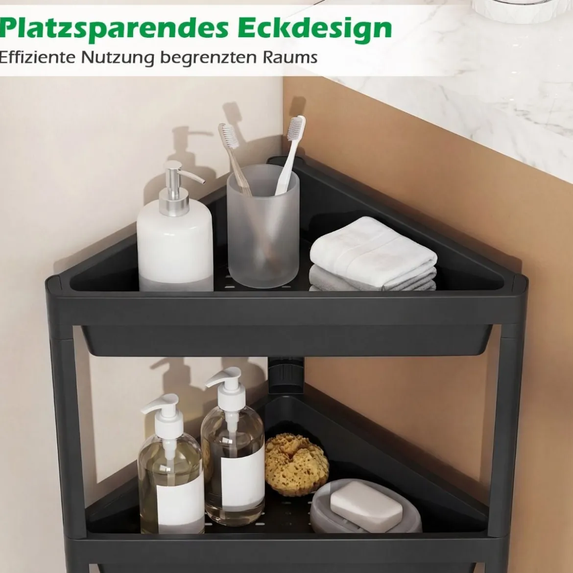 2er Set Eckregal mit Abnehmbarem Design & Ablauflöchern Freistehendes Badregal Schwarz