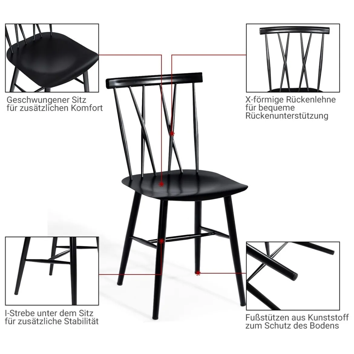 2er Set Esszimmerstühle aus Metall mit 43,5 cm Sitzhöhe X-förmige Rückenlehne 2er Pack Industrie Trattoria Stuhl