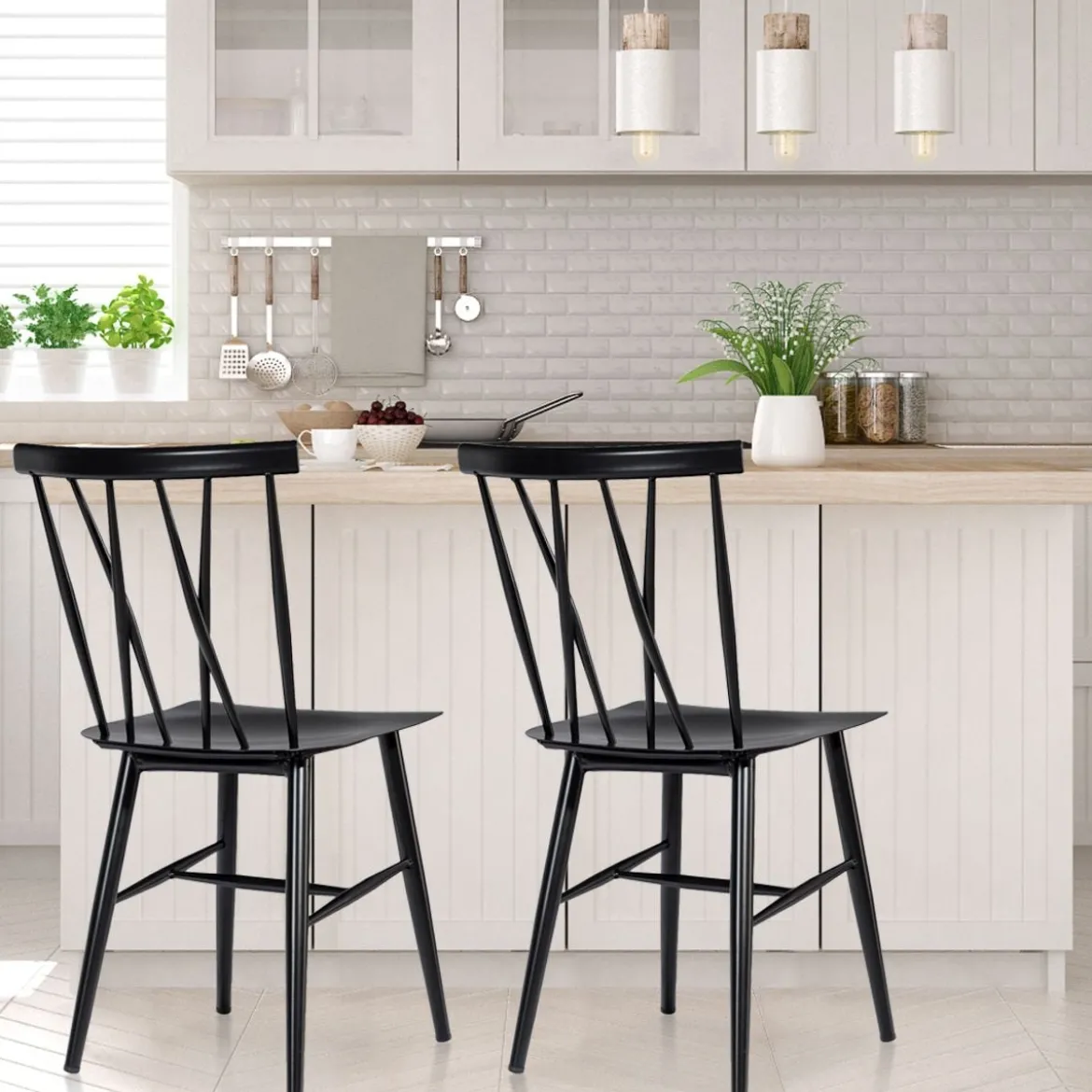 2er Set Esszimmerstühle aus Metall mit 43,5 cm Sitzhöhe X-förmige Rückenlehne 2er Pack Industrie Trattoria Stuhl