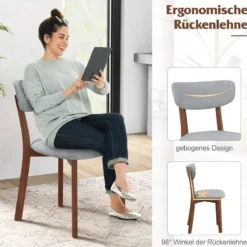 2er Set Esszimmerstühle gepolsterte Küchenstühle mit Rückenlehne Gummiholz Gestell & Sitzkissen 51 x 47 x 82 cm Grau