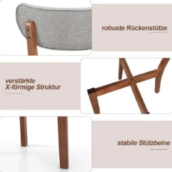 2er Set Esszimmerstühle gepolsterte Küchenstühle mit Rückenlehne Gummiholz Gestell & Sitzkissen 51 x 47 x 82 cm Grau