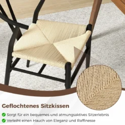 2er Set Esszimmerstühle Küchenstühle mit Y-förmiger Rückenlehne & geflochtenes Rattan-Sitzkissen Akzentstühle stapelbar Beige
