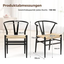 2er Set Esszimmerstühle Küchenstühle mit Y-förmiger Rückenlehne & geflochtenes Rattan-Sitzkissen Akzentstühle stapelbar Beige