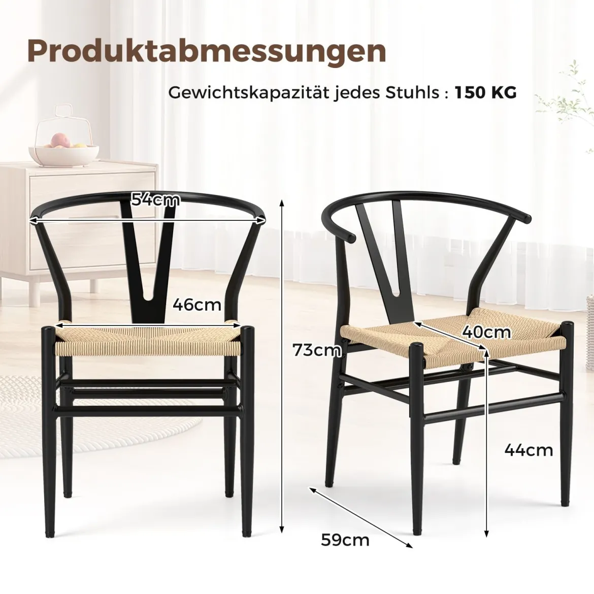 2er Set Esszimmerstühle Küchenstühle mit Y-förmiger Rückenlehne & geflochtenes Rattan-Sitzkissen Akzentstühle stapelbar Beige