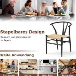 2er Set Esszimmerstühle Küchenstühle mit Y-förmiger Rückenlehne & geflochtenes Rattan-Sitzkissen Akzentstühle stapelbar Beige