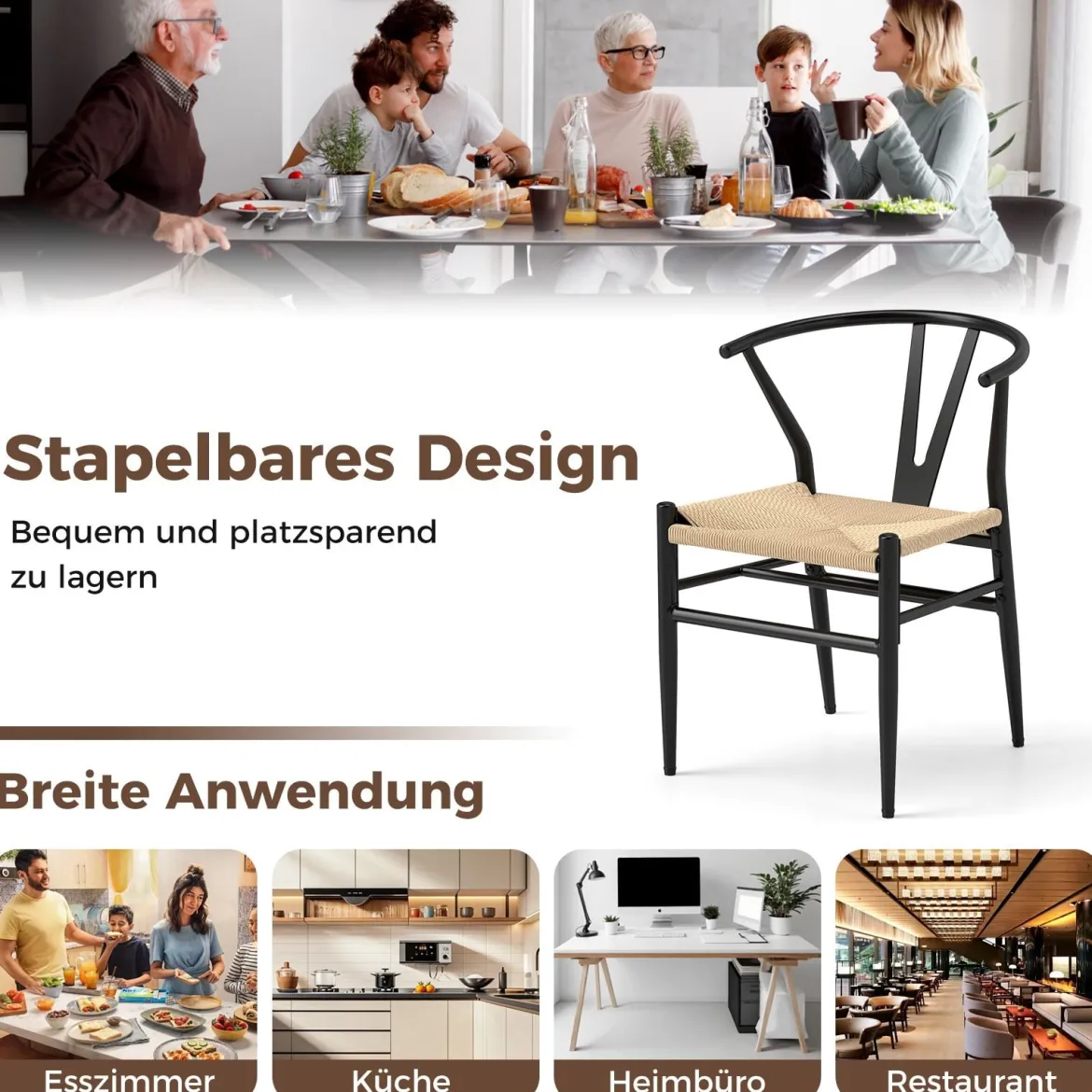 2er Set Esszimmerstühle Küchenstühle mit Y-förmiger Rückenlehne & geflochtenes Rattan-Sitzkissen Akzentstühle stapelbar Beige