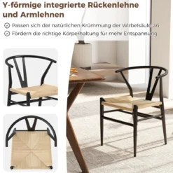 2er Set Esszimmerstühle Küchenstühle mit Y-förmiger Rückenlehne & geflochtenes Rattan-Sitzkissen Akzentstühle stapelbar Beige