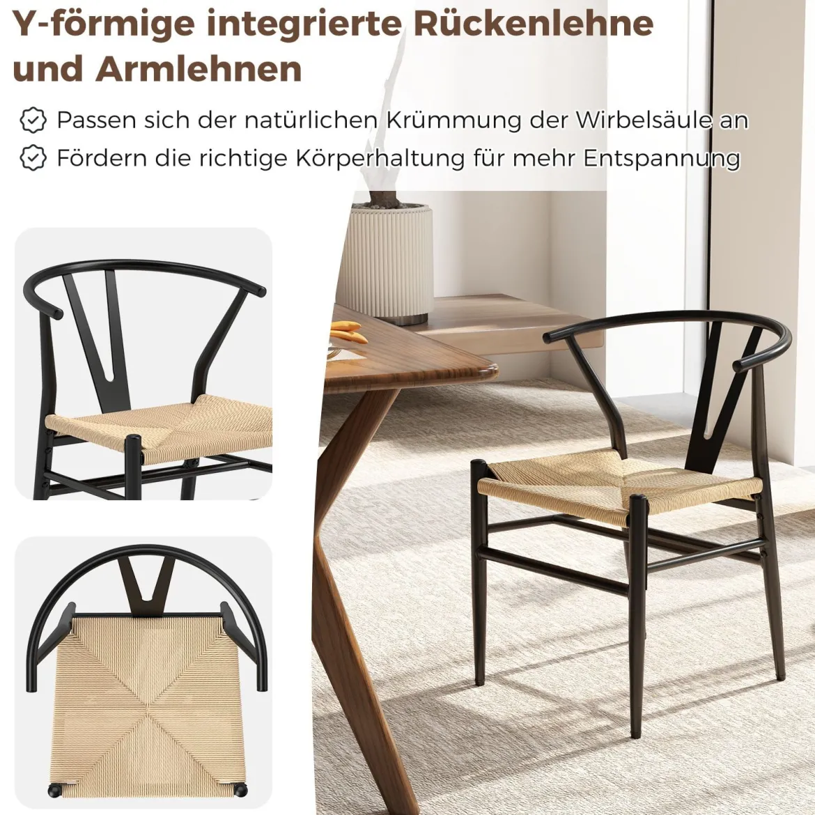 2er Set Esszimmerstühle Küchenstühle mit Y-förmiger Rückenlehne & geflochtenes Rattan-Sitzkissen Akzentstühle stapelbar Beige