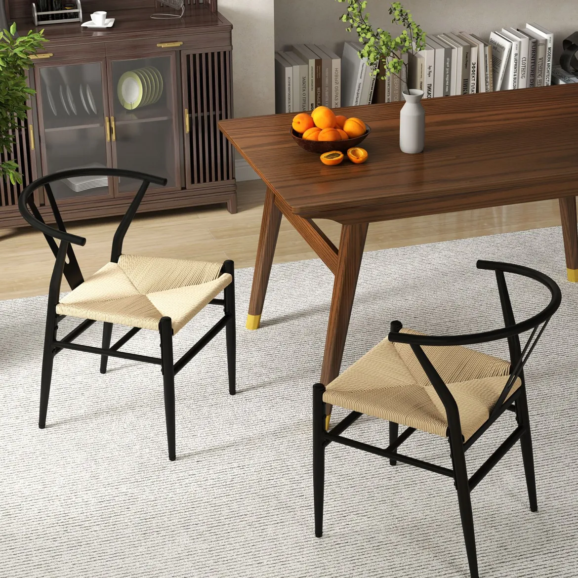 2er Set Esszimmerstühle Küchenstühle mit Y-förmiger Rückenlehne & geflochtenes Rattan-Sitzkissen Akzentstühle stapelbar Beige