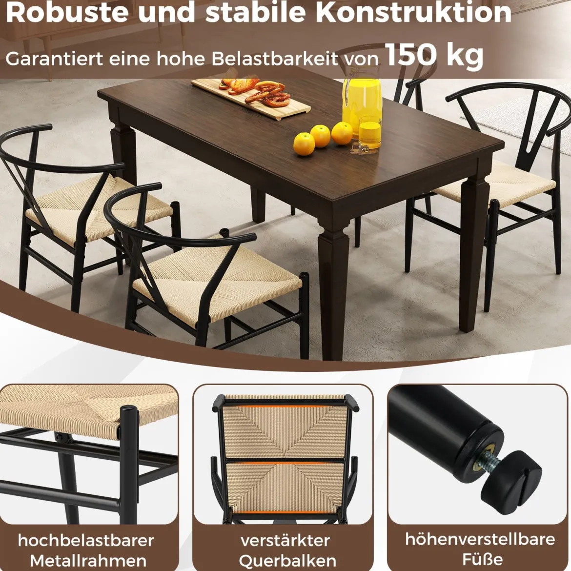 2er Set Esszimmerstühle Küchenstühle mit Y-förmiger Rückenlehne & geflochtenes Rattan-Sitzkissen Akzentstühle stapelbar Beige