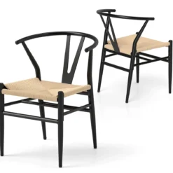 2er Set Esszimmerstühle Küchenstühle mit Y-förmiger Rückenlehne & geflochtenes Rattan-Sitzkissen Akzentstühle stapelbar Beige