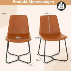 2er Set Esszimmerstühle Küchenstühle aus Kunstleder gepolstert mit Metallbeinen Braun