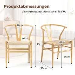 2er Set Esszimmerstühle Küchenstühle mit Y-förmiger Rückenlehne & geflochtenes Rattan-Sitzkissen Akzentstühle stapelbar Natur