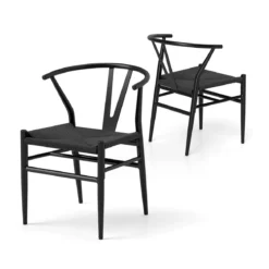 2er Set Esszimmerstühle Küchenstühle mit Y-förmiger Rückenlehne & geflochtenes Rattan-Sitzkissen Akzentstühle stapelbar Schwarz
