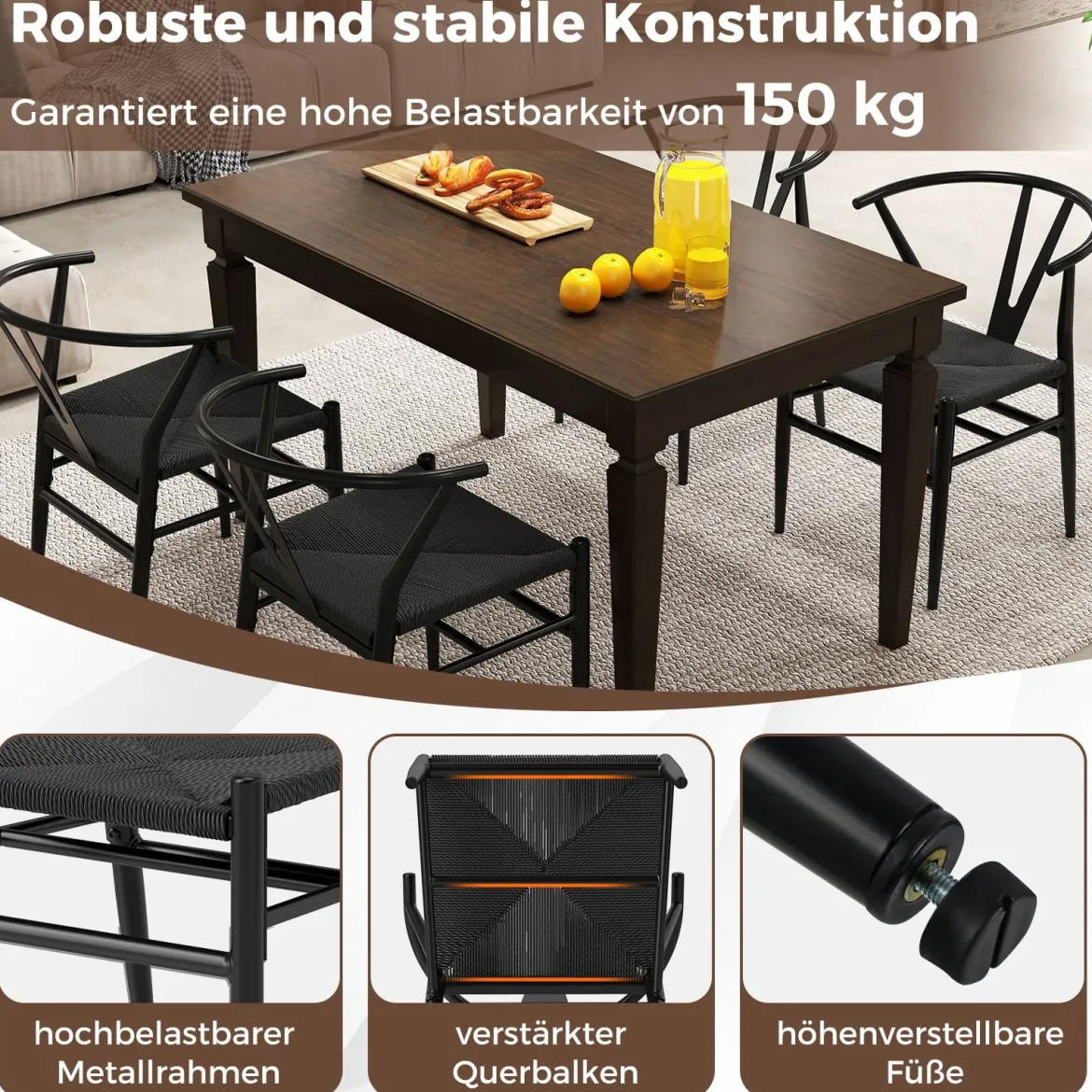 2er Set Esszimmerstühle Küchenstühle mit Y-förmiger Rückenlehne & geflochtenes Rattan-Sitzkissen Akzentstühle stapelbar Schwarz