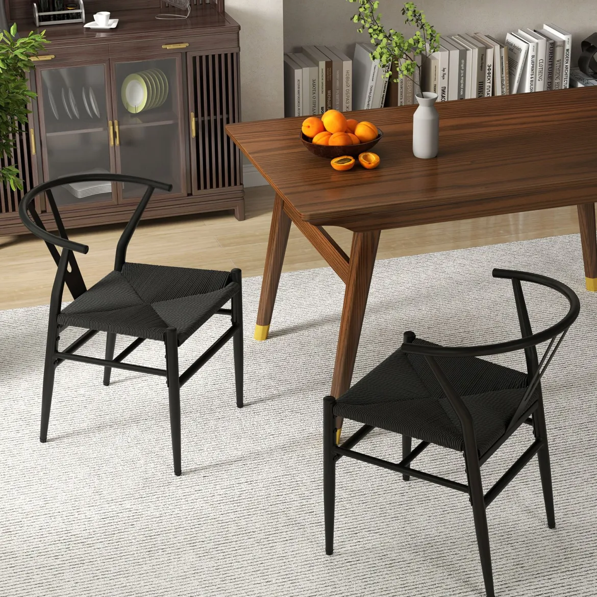 2er Set Esszimmerstühle Küchenstühle mit Y-förmiger Rückenlehne & geflochtenes Rattan-Sitzkissen Akzentstühle stapelbar Schwarz