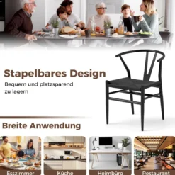2er Set Esszimmerstühle Küchenstühle mit Y-förmiger Rückenlehne & geflochtenes Rattan-Sitzkissen Akzentstühle stapelbar Schwarz