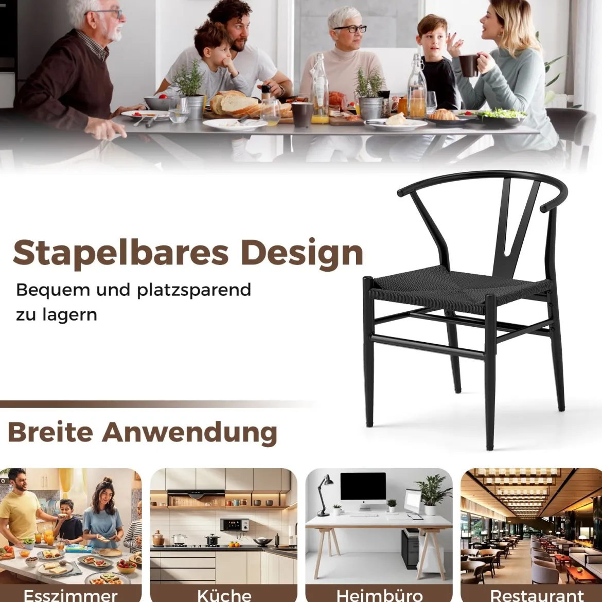 2er Set Esszimmerstühle Küchenstühle mit Y-förmiger Rückenlehne & geflochtenes Rattan-Sitzkissen Akzentstühle stapelbar Schwarz
