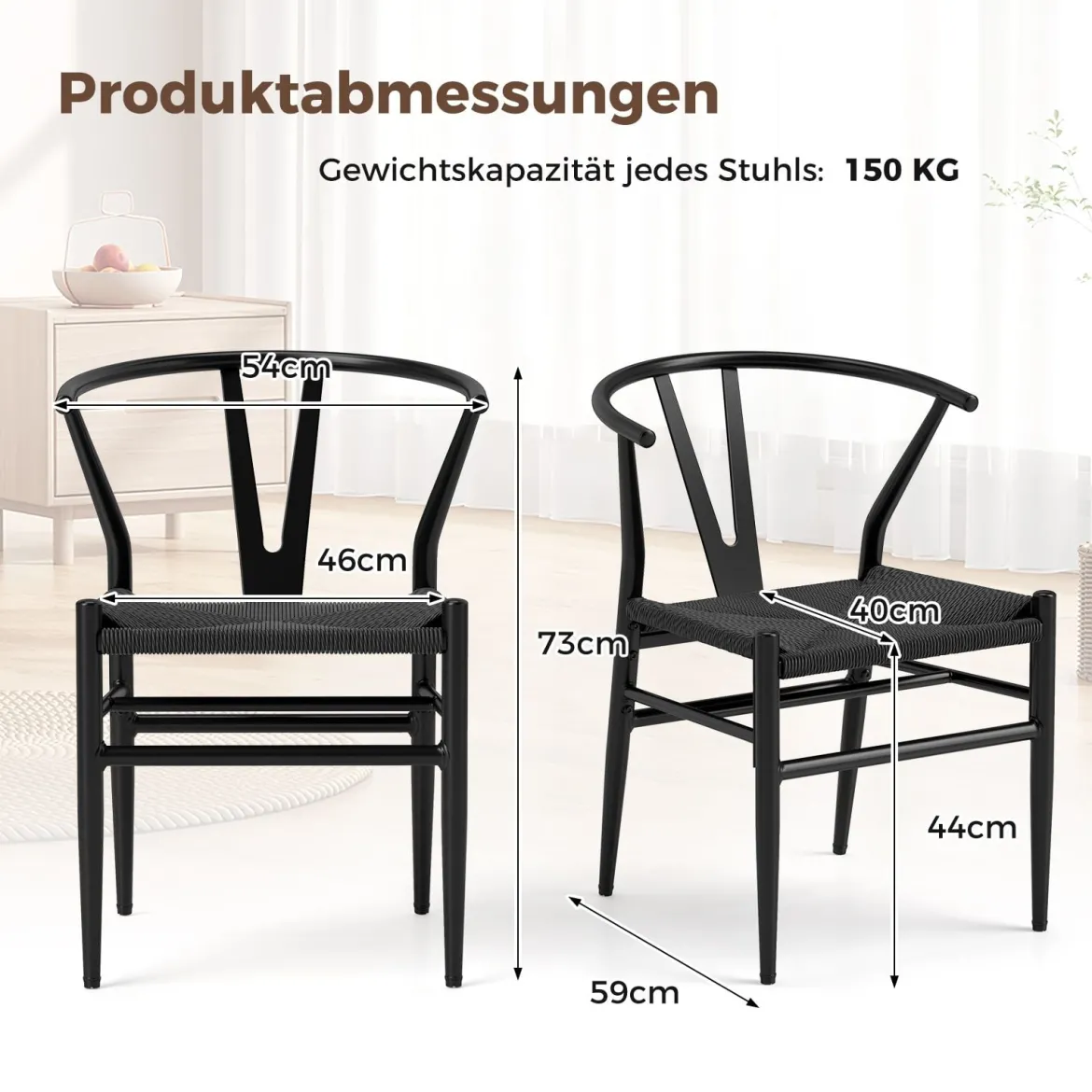 2er Set Esszimmerstühle Küchenstühle mit Y-förmiger Rückenlehne & geflochtenes Rattan-Sitzkissen Akzentstühle stapelbar Schwarz