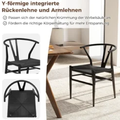 2er Set Esszimmerstühle Küchenstühle mit Y-förmiger Rückenlehne & geflochtenes Rattan-Sitzkissen Akzentstühle stapelbar Schwarz