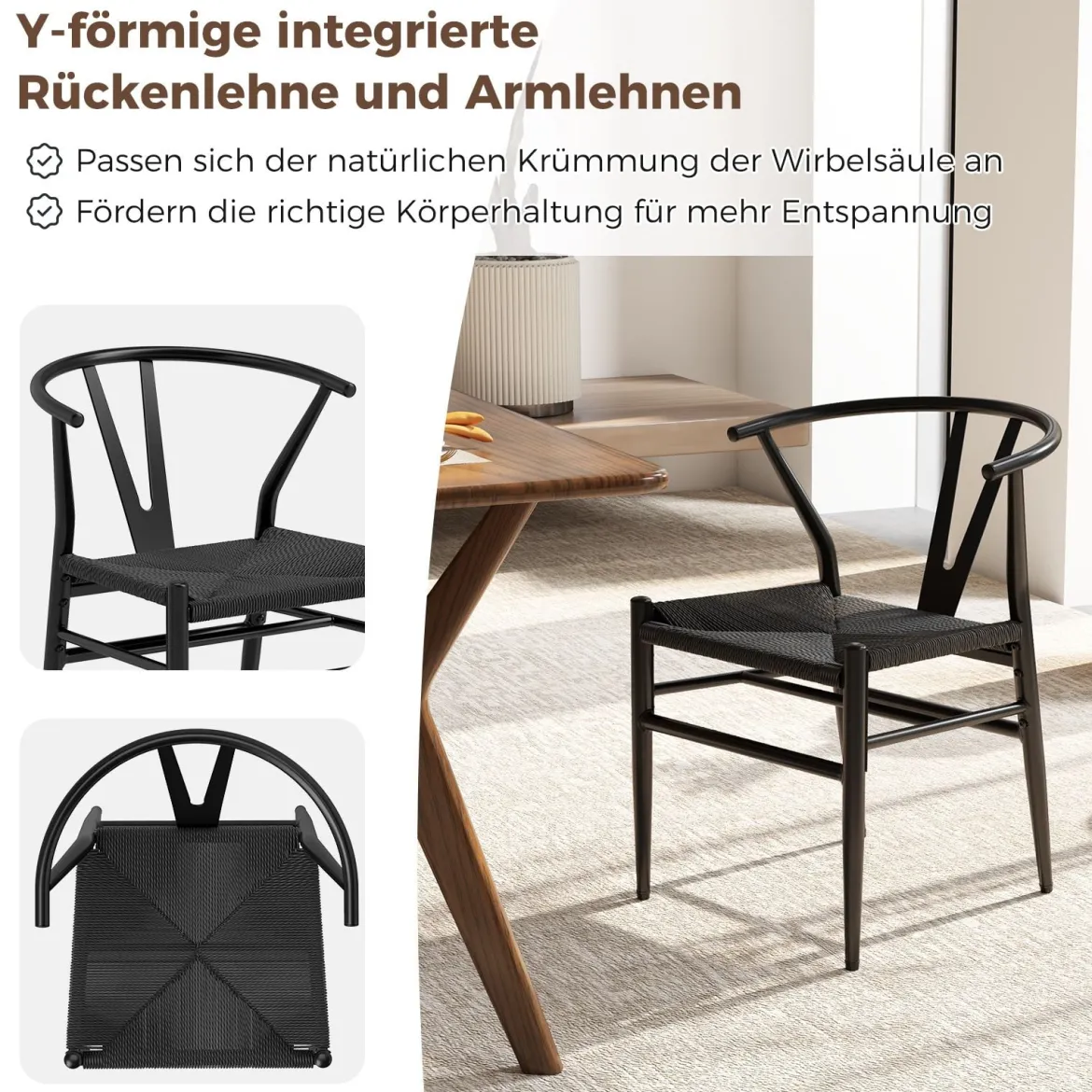 2er Set Esszimmerstühle Küchenstühle mit Y-förmiger Rückenlehne & geflochtenes Rattan-Sitzkissen Akzentstühle stapelbar Schwarz
