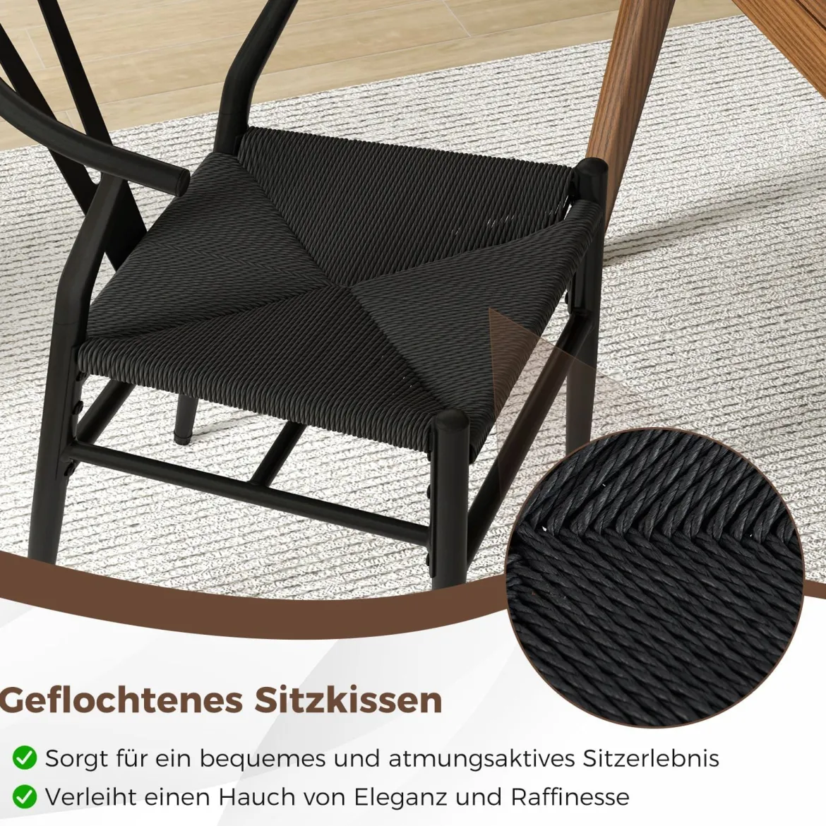 2er Set Esszimmerstühle Küchenstühle mit Y-förmiger Rückenlehne & geflochtenes Rattan-Sitzkissen Akzentstühle stapelbar Schwarz