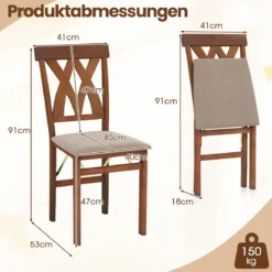 2er Set Esszimmerstühle Klappbarer Küchenstuhl mit Gepolsterter Sitz Klappstuhl Beistellstuh Braun