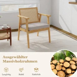 2er Set Esszimmerstühle mit Atmungsaktivem Rattan-Rücken & Abnehmbarem Sitzkissen