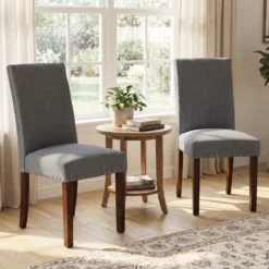 2er Set Esszimmerstühle mit Gepolsterter Sitzfläche & Rückenlehne & Gummiholzbeine Polsterstühle Grau