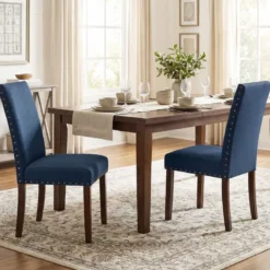 2er Set Esszimmerstühle mit Gepolsterter Sitzfläche & Rückenlehne & Gummiholzbeine Polsterstühle Blau