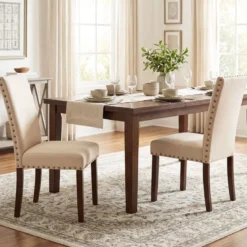 2er Set Esszimmerstühle mit Gepolsterter Sitzfläche & Rückenlehne & Gummiholzbeine Polsterstühle Beige