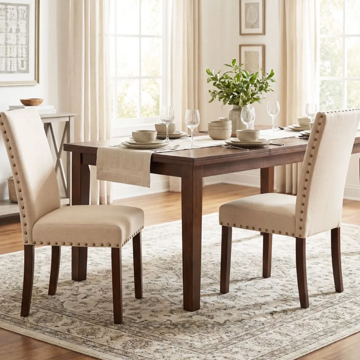 2er Set Esszimmerstühle mit Gepolsterter Sitzfläche & Rückenlehne & Gummiholzbeine Polsterstühle Beige