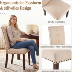 2er Set Esszimmerstühle mit Gepolsterter Sitzfläche & Rückenlehne & Gummiholzbeine Polsterstühle Beige