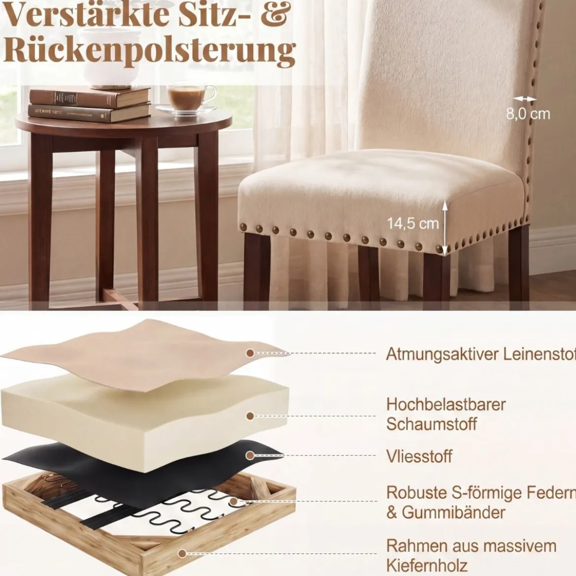 2er Set Esszimmerstühle mit Gepolsterter Sitzfläche & Rückenlehne & Gummiholzbeine Polsterstühle Beige