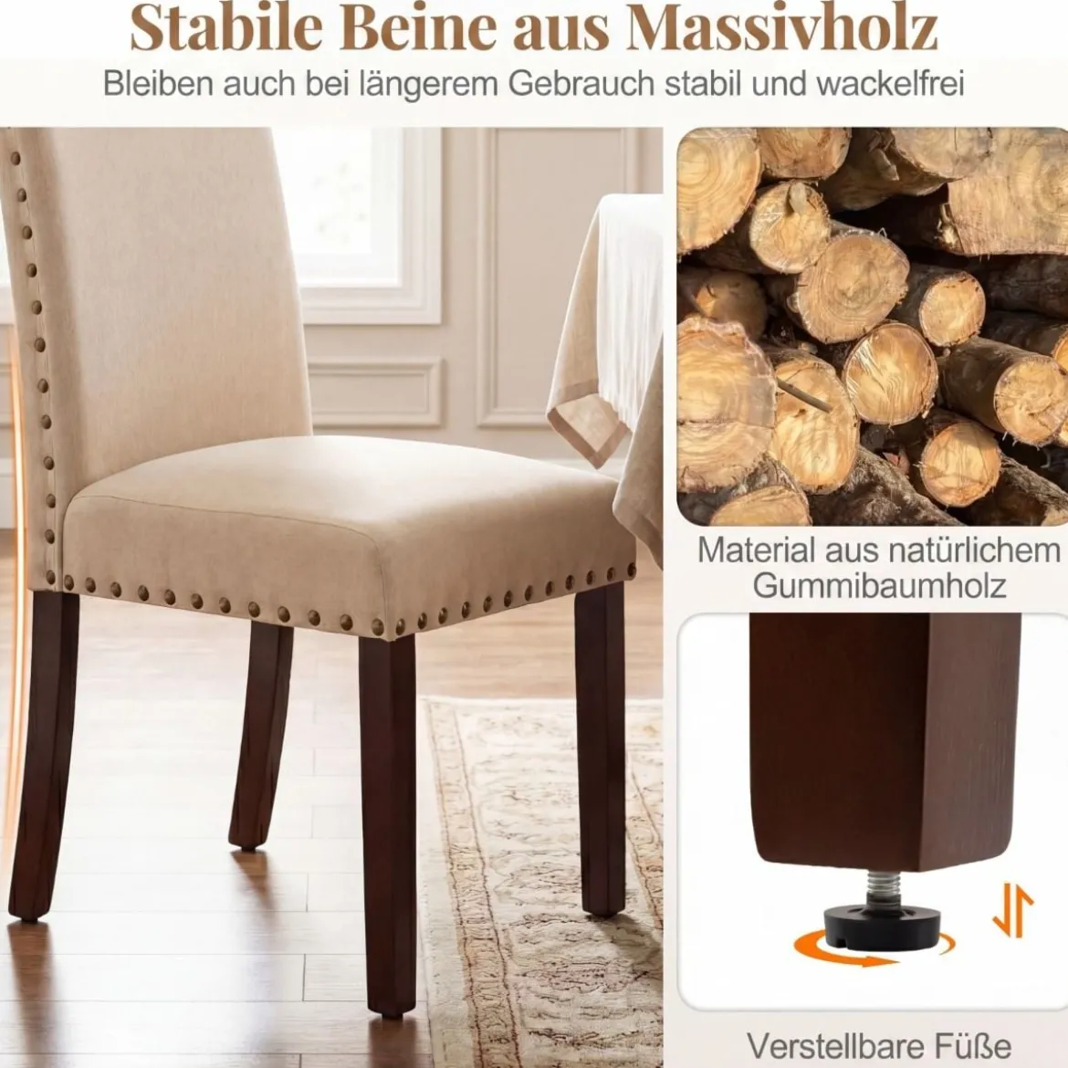 2er Set Esszimmerstühle mit Gepolsterter Sitzfläche & Rückenlehne & Gummiholzbeine Polsterstühle Beige
