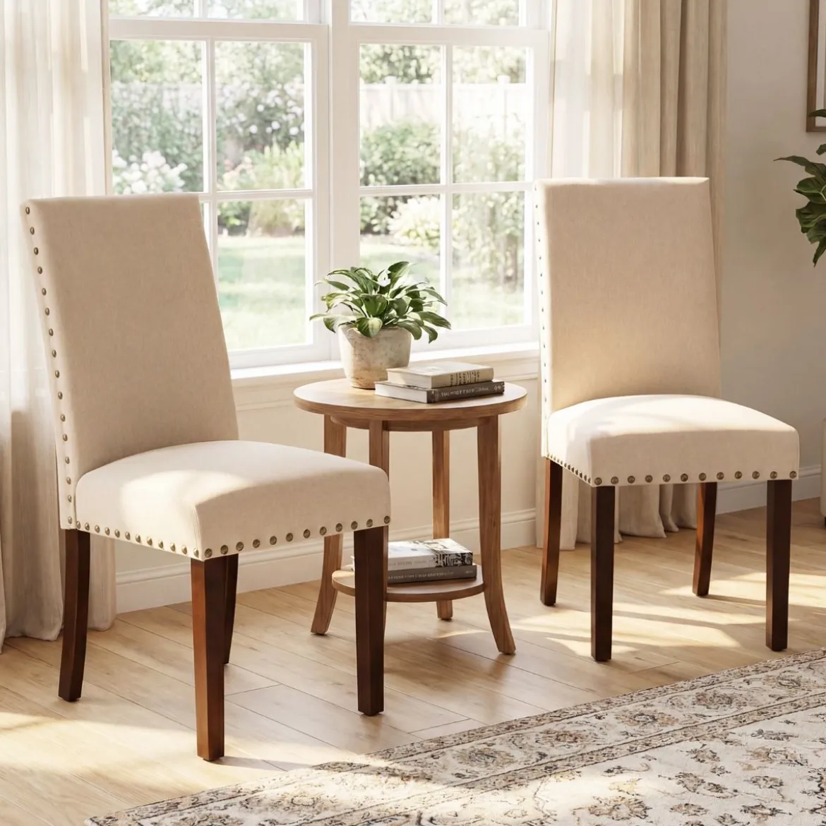 2er Set Esszimmerstühle mit Gepolsterter Sitzfläche & Rückenlehne & Gummiholzbeine Polsterstühle Beige