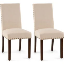 2er Set Esszimmerstühle mit Gepolsterter Sitzfläche & Rückenlehne & Gummiholzbeine Polsterstühle Beige