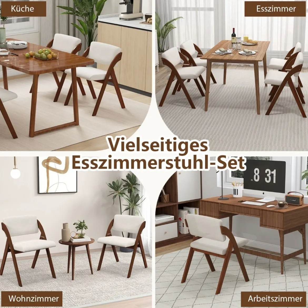 2er Set Esszimmerstühle mit Gummiholzbeinen & Gepolsterter Sitz Klappbarer Küchenstuhl Beistellstuhl
