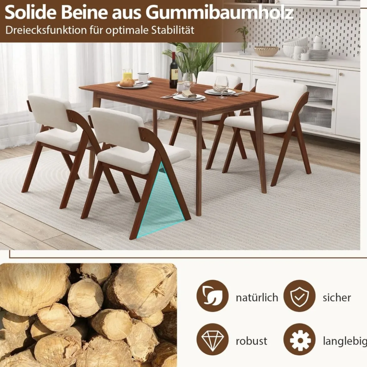 2er Set Esszimmerstühle mit Gummiholzbeinen & Gepolsterter Sitz Klappbarer Küchenstuhl Beistellstuhl
