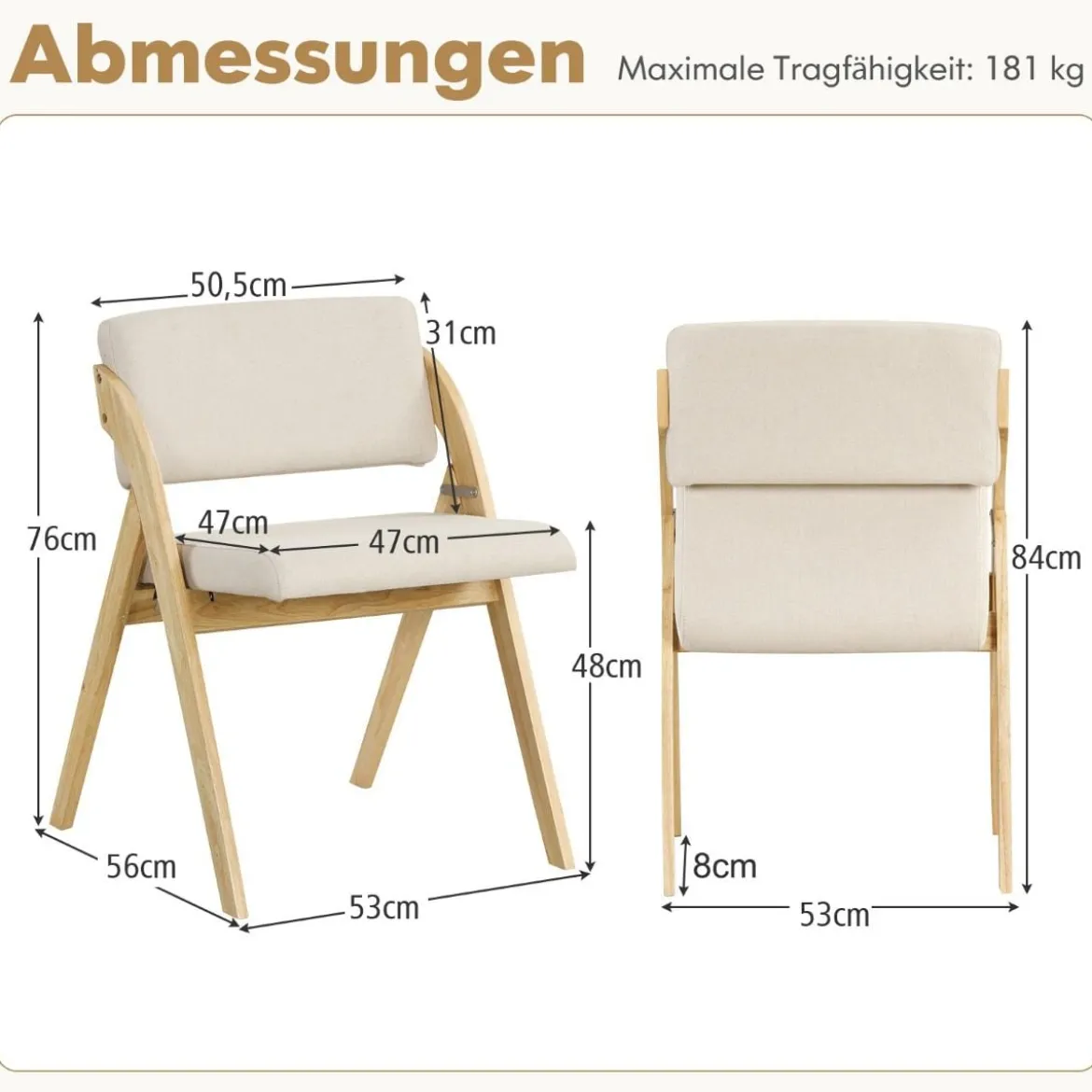2er Set Esszimmerstühle mit Gummiholzbeinen & Gepolsterter Sitz Klappbarer Küchenstuhl Beistellstuhl