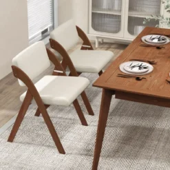 2er Set Esszimmerstühle mit Gummiholzbeinen & Gepolsterter Sitz Klappbarer Küchenstuhl Beistellstuhl