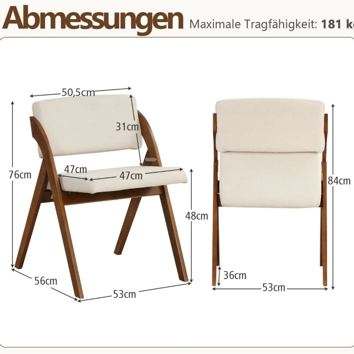 2er Set Esszimmerstühle mit Gummiholzbeinen & Gepolsterter Sitz Klappbarer Küchenstuhl Beistellstuhl
